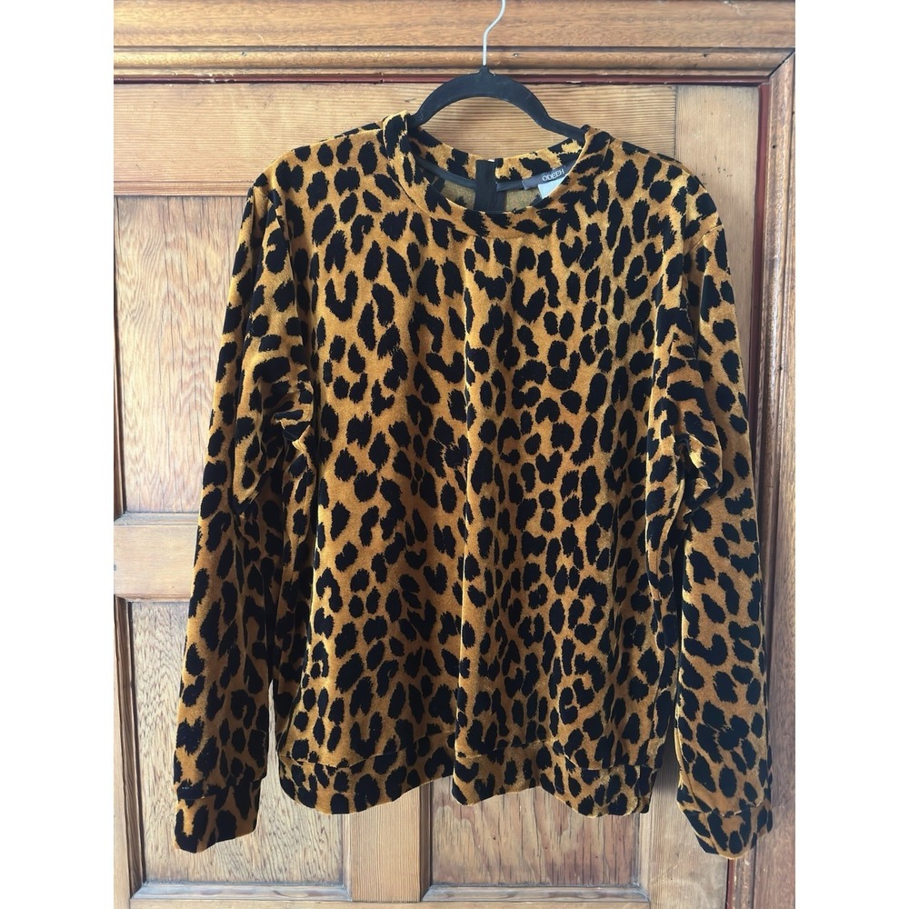 ODEEH Leopard Velvet Long Sleeve Top Blouse Size 38 Mock Neck